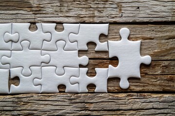 White jigsaw puzzle pieces on weathered wood, one piece separated, suggesting completion or a missing element