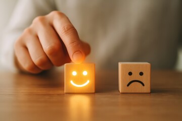 Hand selecting a glowing happy face cube amidst others showing dissatisfaction and neutrality