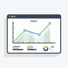 Vector art of computer screen displaying a profit growth chart with bars and a line graph, indicating positive financial performance