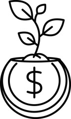 Vector art of line art of a plant growing out of a coin with a dollar sign