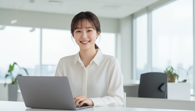 明るいオフィスで働く笑顔の若い女性社員