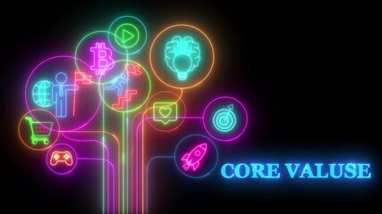 shows glowing neon line banner of CORE VALUES concept with icons of responsibility, customers, innovation on virtual screenrisk, operation, resilience and procedures. Abstract business idea