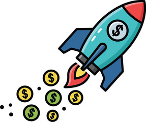 Vector art of rocket launching with coins flying out, symbolizing startup growth and financial success
