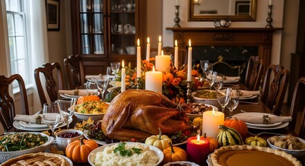 A lavish Thanksgiving dinner spread on a large wooden table, featuring a roasted turkey, various dishes, and candles.