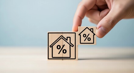 Hand holding a wooden block with a house and percentage symbol, representing interest rates.