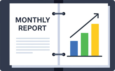 Vector art of open binder showing a monthly report with text and a colorful bar graph indicating upward trend