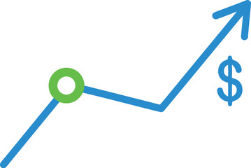 Vector art of blue line graph showing upward trend with a green circle marker and a dollar sign