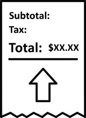 Vector art of a receipt with subtotal, tax, and total amounts, with an upward arrow indicating an increase in price