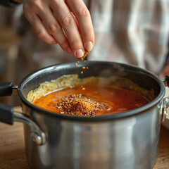 Cook preparing soup with spices in a pot, home cooking atmosphere, warm colors, cozy setting
