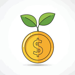 Vector art of a gold coin with a dollar sign and two green leaves sprouting from it, symbolizing financial growth and investment