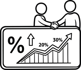 Vector art of two people shaking hands above a business chart showing percentage growth, symbolizing agreement and financial success