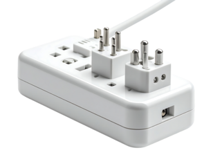 White rectangular power strip with multiple sockets, including UK and European plugs, and a visible power cord