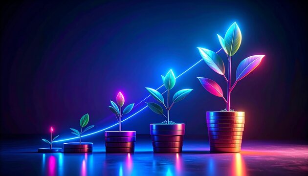 Abstract neon image showing plant growth and an upward trend line on a dark background - Powered by Adobe