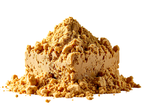 A light brown, granular powder, piled in a roughly cubic shape, with a slightly rough texture and a few larger clumps visible.  Some powder spills around the base