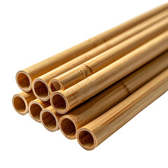 A neatly stacked bundle of ten light-tan, hollow, cylindrical bamboo poles with visible nodes
