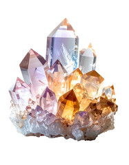 Cluster of amethyst, citrine, and clear quartz crystals exhibiting various sizes and translucent hues, nestled on a shared base