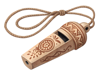Unique tribal wooden whistle with intricate patterns and natural rope for adventurous outdoor exploration,isolated on white background