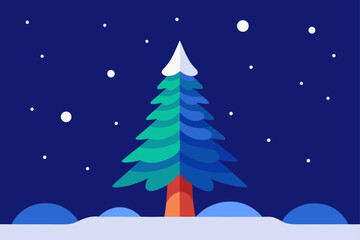 A magical winter night landscape with a Christmas tree decorated under a starry sky