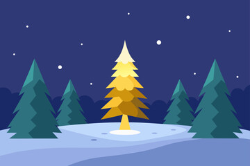 A vector illustration of a winter landscape with snow-covered trees and a decorated Christmas tree for the holiday season