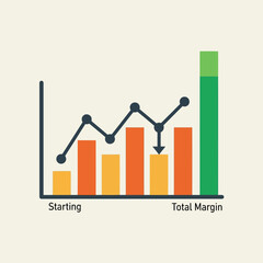 Vector art of bar and line graph illustrating business performance from starting point to total margin with an arrow indicating a decrease
