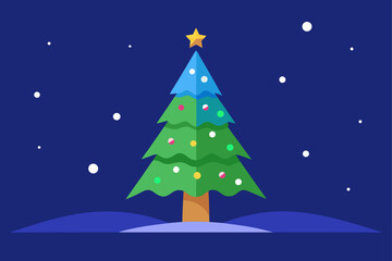 A snowy Christmas tree decorated with stars and snowflakes, glowing in a winter night landscape