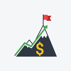 Vector art of mountain peak with a red flag and a growing green arrow indicating financial success and profit, symbolizing business growth