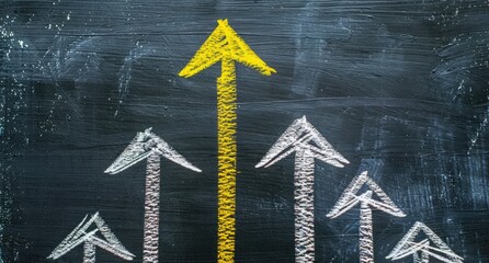 A yellow arrow ascends above several smaller, grey arrows drawn in chalk on a dark textured background, symbolizing growth or leadership