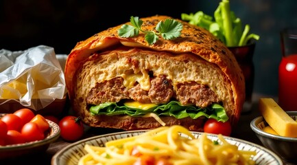 断面が魅力的な丸いパンに挟まれたお肉と野菜のサンドイッチ