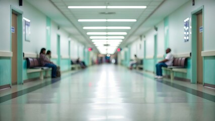 Hospital hallway with people waiting on benches.