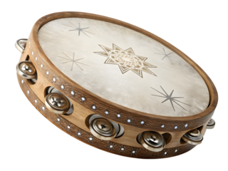 Exquisite wooden tambourine with detailed star pattern, perfect for musical inspiration and rhythmic expression,isolated on white background