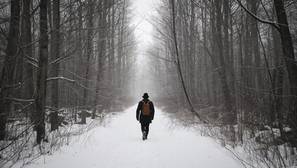Lone figure walking down a snowy path through a dense winter forest