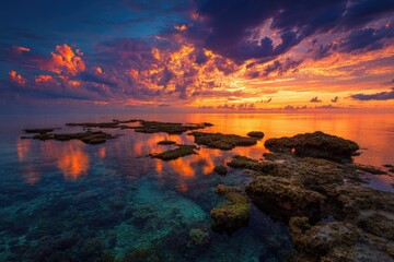 Fototapeta premium Dramatic sunset over calm ocean, rocky shallows