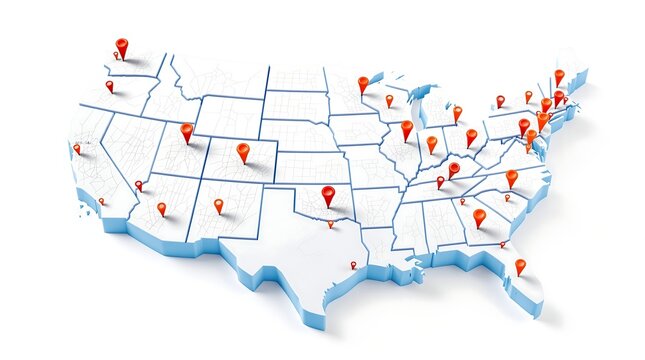 United states map with location pin points for business locations across the country usa states map