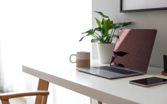 Modern minimalist workspace featuring a sleek laptop, phone, and coffee mug on a clean white desk with lush green plant accents.