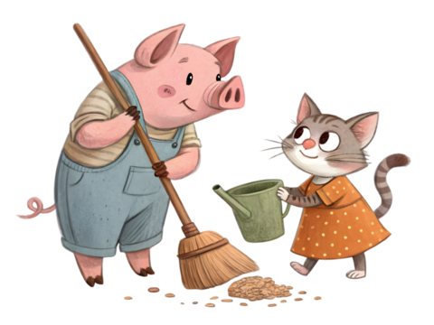 Charming pig and cat friends happily working together in whimsical illustration style,isolated on white background