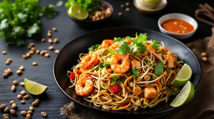 Delicious shrimp pad thai recipe with noodles lime and peanuts thai cuisine asian food photography