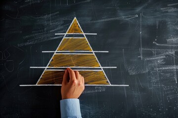 A hand draws a yellow five-level pyramid chart on a dark chalkboard with other chalk markings visible in the background