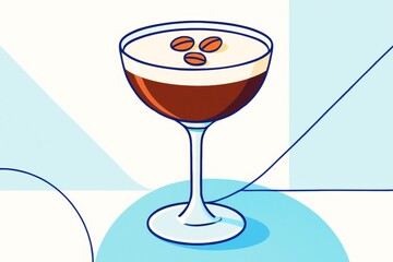Espresso martini cocktail illustrated with coffee beans on top, outlined in blue on a light geometric background. Ai generative. Ai generative