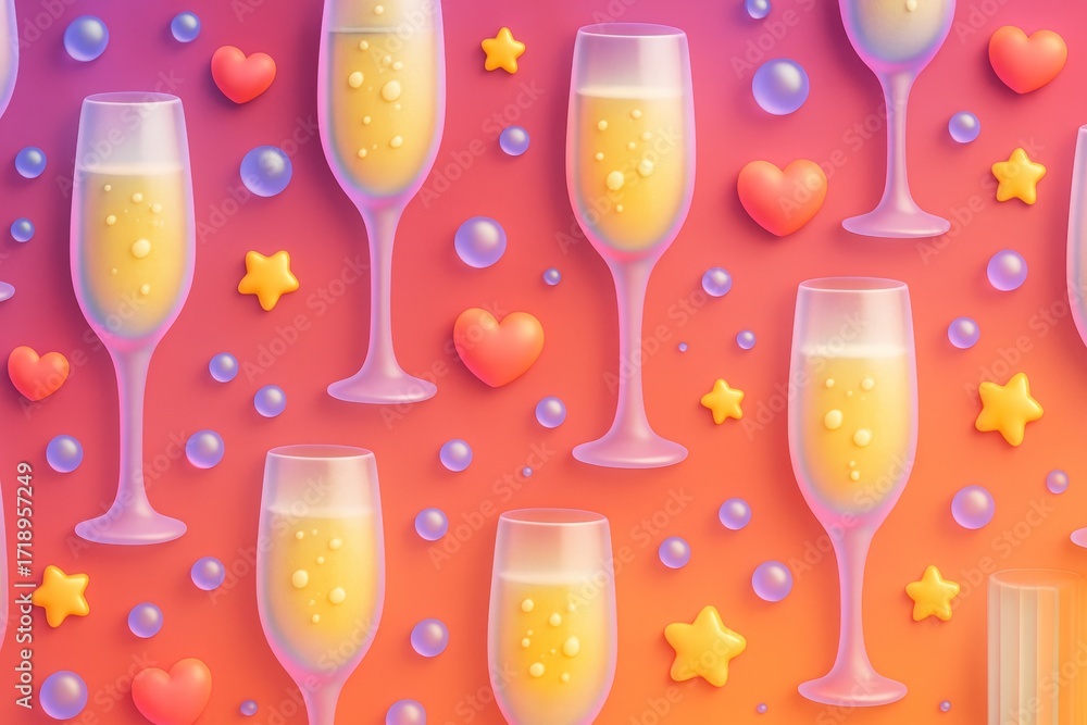 Poster seamless pattern of champagne glasses with bubbles, hearts and stars on colorful gradient background