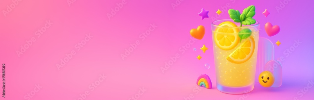 Poster colorful lemonade glass with citrus slices, mint, and kawaii elements on vibrant pink gradient backg