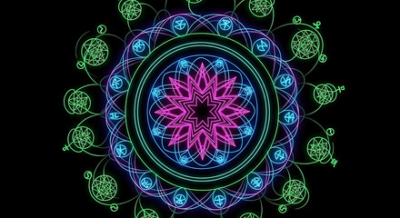 Neon Mandala Geometric Pattern Luminous Glow on Black Background