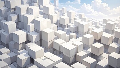 Obraz premium Abstract art of white cubic structures with sky, clouds, and depth perception