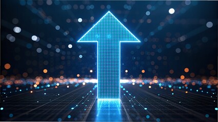 Abstract glowing blue arrow on digital grid background.