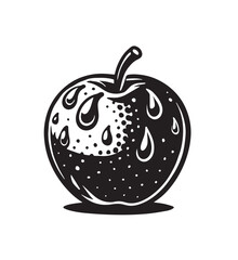 Black and white illustration of an apple with water droplets and textured surface fruit