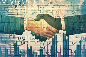 A handshake overlaid with puzzle pieces and financial charts, symbolizing a business partnership or merger. The image has a vintage, slightly desaturated color palette