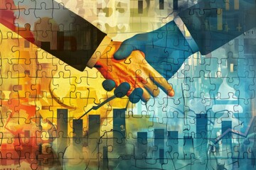 A stylized handshake, symbolic of a business deal or partnership, is depicted against a vibrant backdrop of puzzle pieces, graphs, and financial imagery, suggesting c