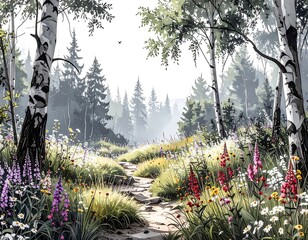 Misty forest path filled with wildflowers