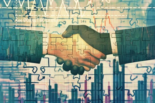 A handshake overlaid with puzzle pieces and financial charts, symbolizing a business partnership or merger.  The image has a vintage, slightly desaturated color palette
