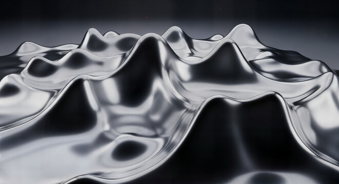 Abstract metallic liquid surface with undulating waves and peaks, resembling a topographical map