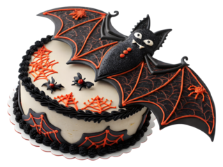 Stunning Halloween cake decorated with a black bat, spiders, and webs for a spooky celebration,isolated on white background